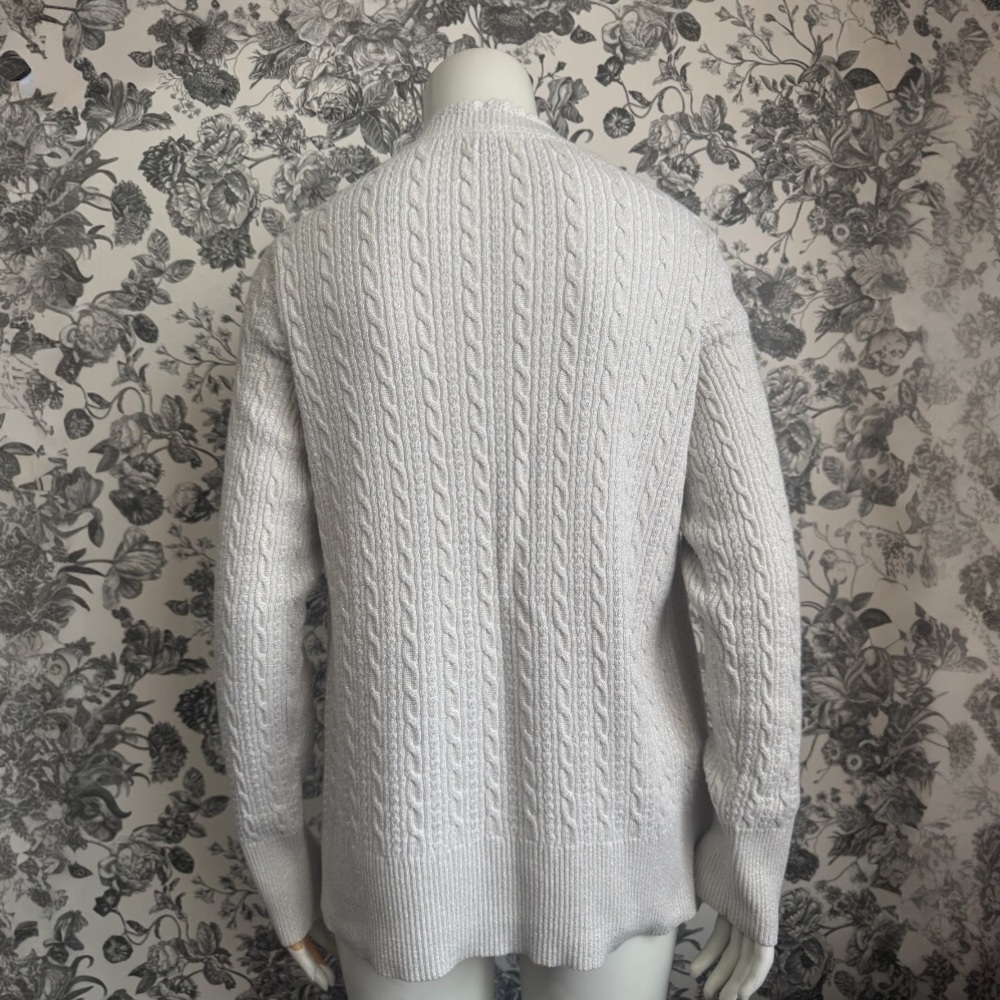 Eddie Bauer Ivory Cable Knit Cardigan Metallic Gold Thread Accents Size Medium - Picture 6 of 14